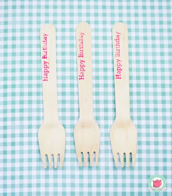 Picture of Wooden forks 16cm HAPPY BIRTHDAY cherry blossom (10pcs)