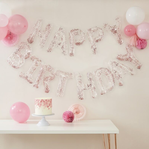 Μπαλόνια σετ HAPPY BIRTHDAY διάφανα με ροζ ιριδίζον γκλίτερ
