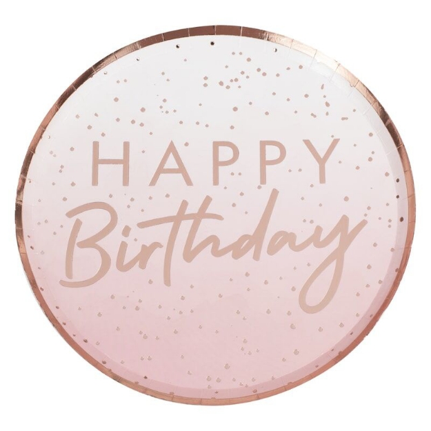 Picture of Dinner paper plates - Happy Birthday ombre rose gold (8pcs)