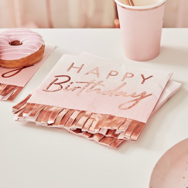 Picture of Paper napkins - Happy Birthday ombre rose gold with fringes (16pcs)