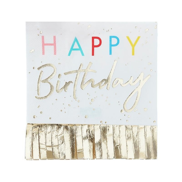 Picture of Paper napkins - Happy Birthday gold with fringes (16pcs)