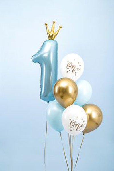 Picture of Balloon bouquet  filled with helium - One light blue (6pcs + number 1 with crown)