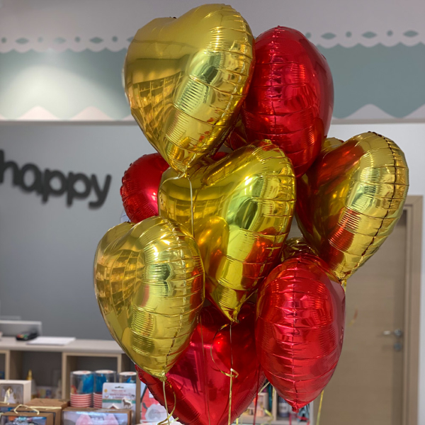 Picture of Balloon bouquet  filled with helium - Hearts (5pcs red + 5pcs gold)