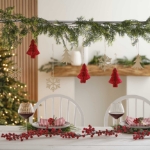 Picture of Wooden Trees, Foliage and Red Christmas Hanging Decorations