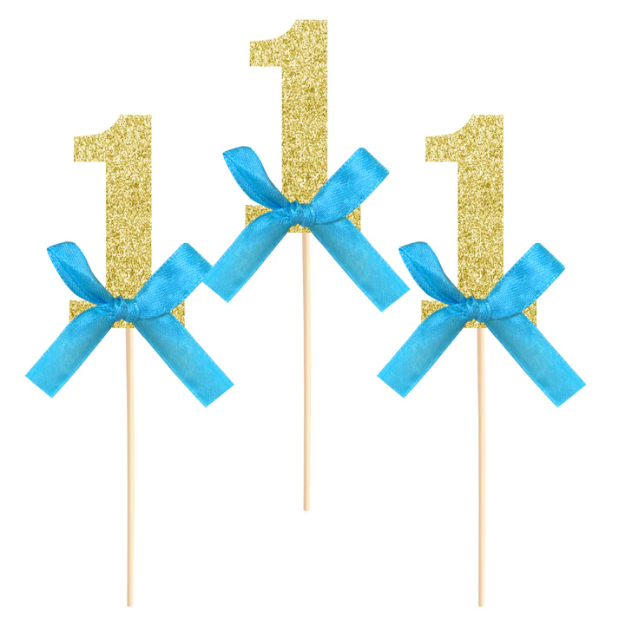 Διακοσμητικά sticks για cupcakes - Αριθμός 1 με γαλάζιο φιόγκο