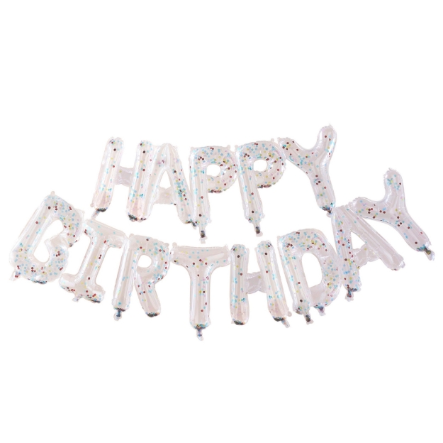 Picture of Happy Birthday Balloon Banner - Clear with multicoloured confetti