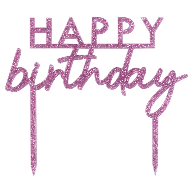 Picture of Cake topper - Happy Birthday pink glitter